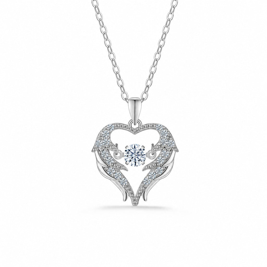 Heart Angel Wing Moissanite 925 Sterling Silver Moving Center Stone Pendant Necklace