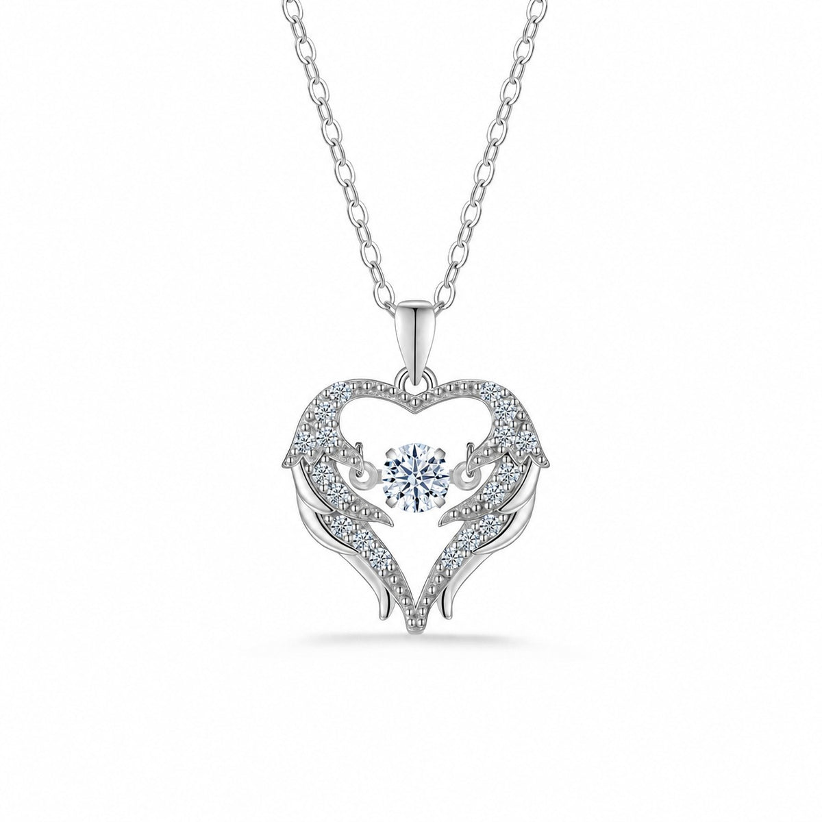 Heart Angel Wing Moissanite 925 Sterling Silver Moving Center Stone Pendant Necklace