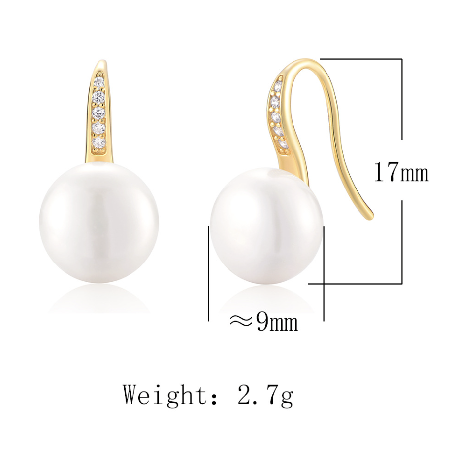 Natural Freshwater Pearl And Clear Cubic Zirconia Curved  925 Sterling Silver Hook Drop Earrings