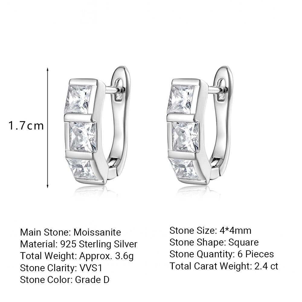 Mossanite Square Stone with Three Small Circles 925 Sterling Silver Earrings