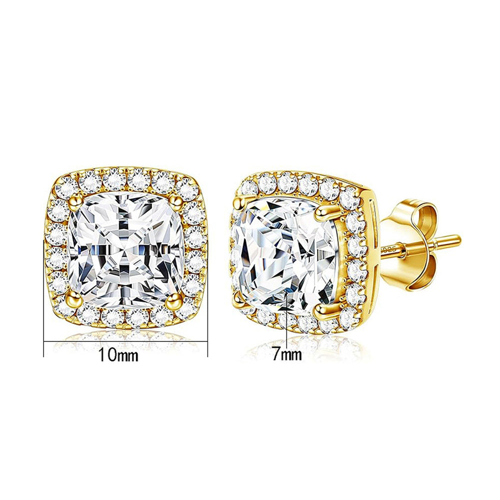 Modern Classic Statement Geometric Square Cushion Halo Cubic Zirconia 925 Sterling Silver Ear Stud Earrings