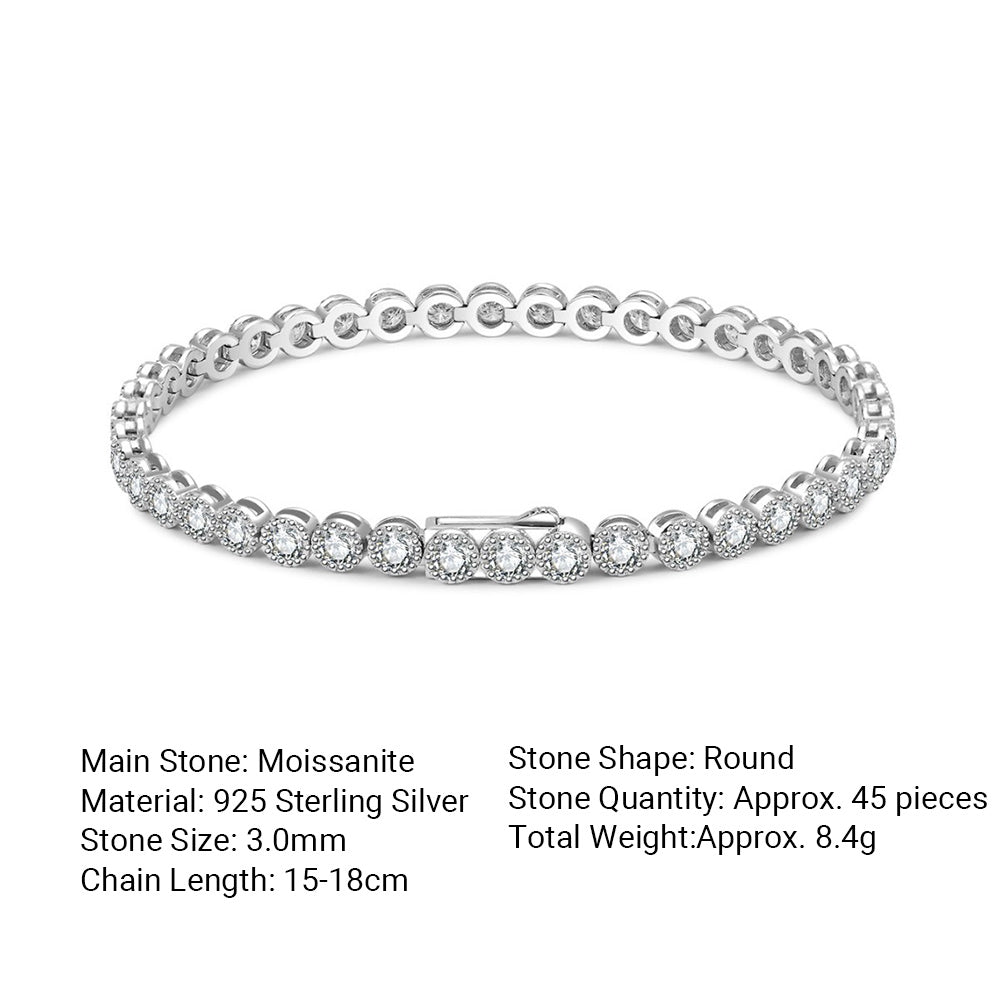 Round Halo Moissanite Tennis Chain Bracelet  925 Sterling Silver Geometric Circle Link Bracelet