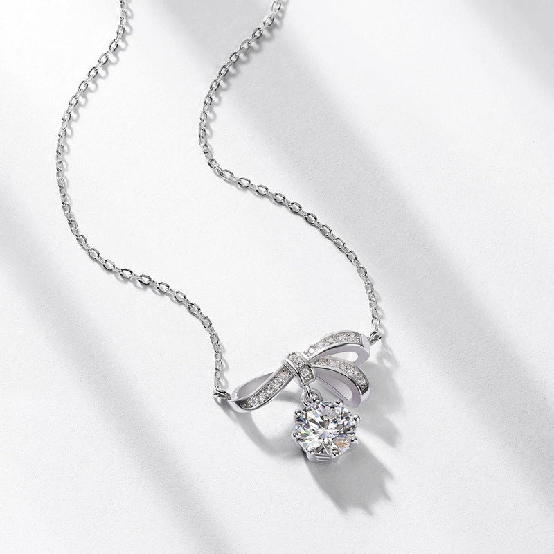 Bowknot Ribbon 925 Silver Moissanite Pendant With Round Dangle Center Stone Necklace
