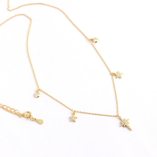 Celestial North Star And Five Point Star Cubic Zirconia 925 Sterling Silver Station Chain Necklace
