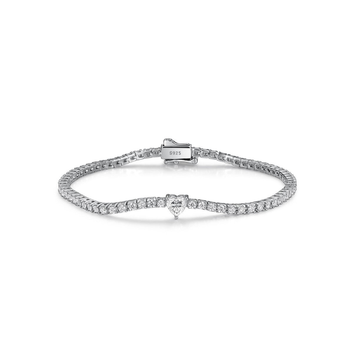 Mossanite Heart Shaped Centre Stone Design 925 Sterling Silver Bracelet