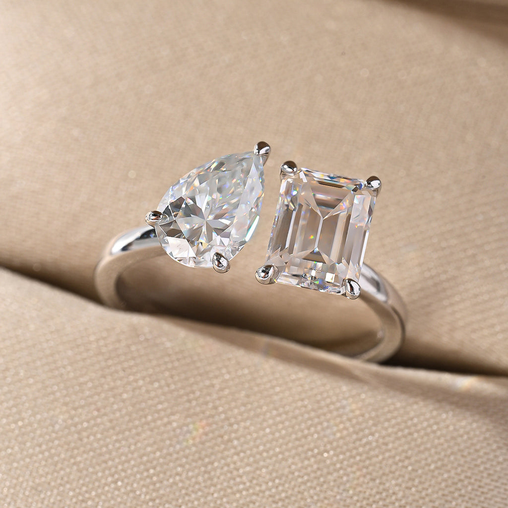 Adjustable Tardrop Shaped Rectangular Moissanite  925 Sterling Silver Ring