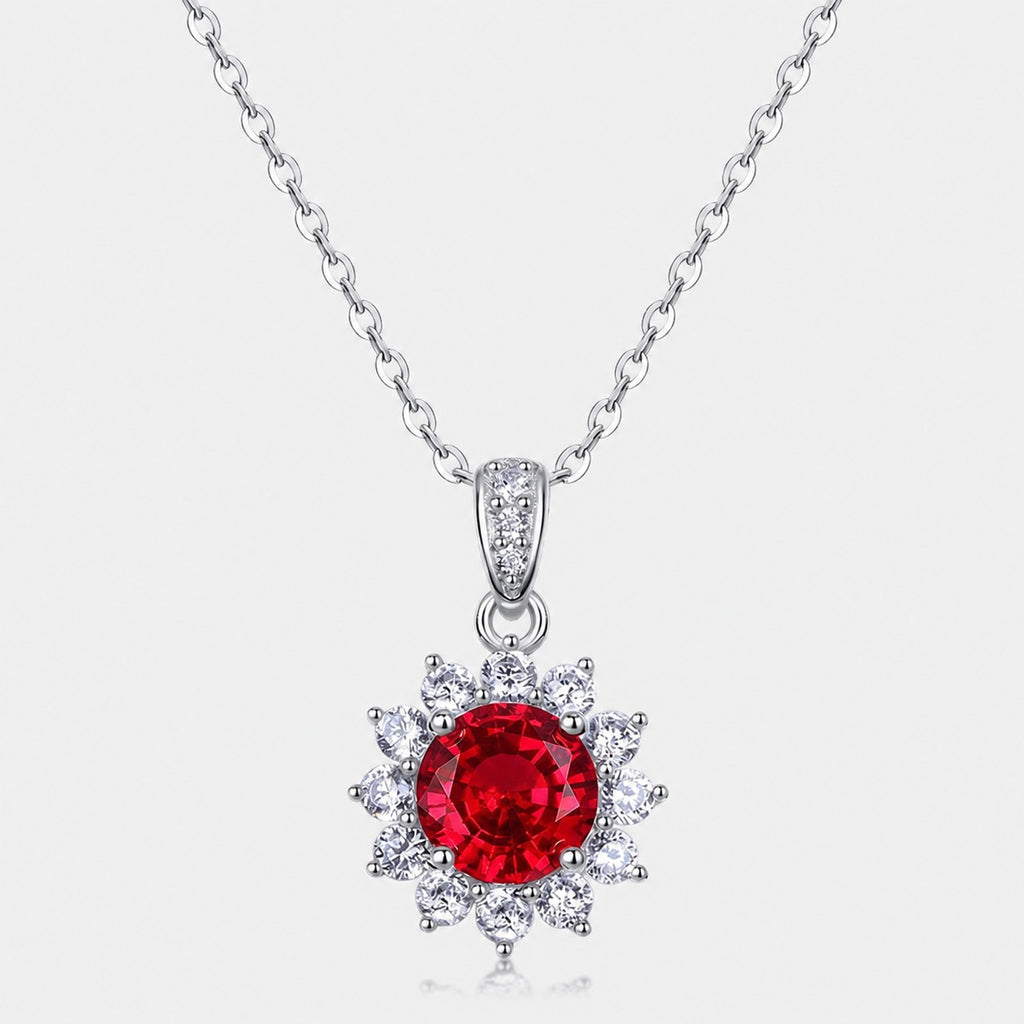 Sunflower Halo Red Lab Ruby Cubic Zirconia Pendant 925 Sterling Silver Flower Chain Necklace