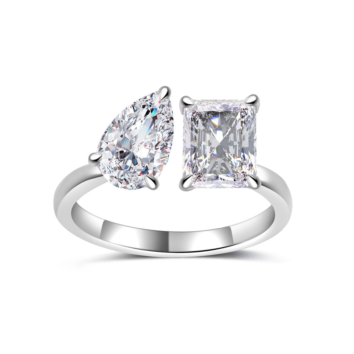 Adjustable Tardrop Shaped Rectangular Moissanite  925 Sterling Silver Ring