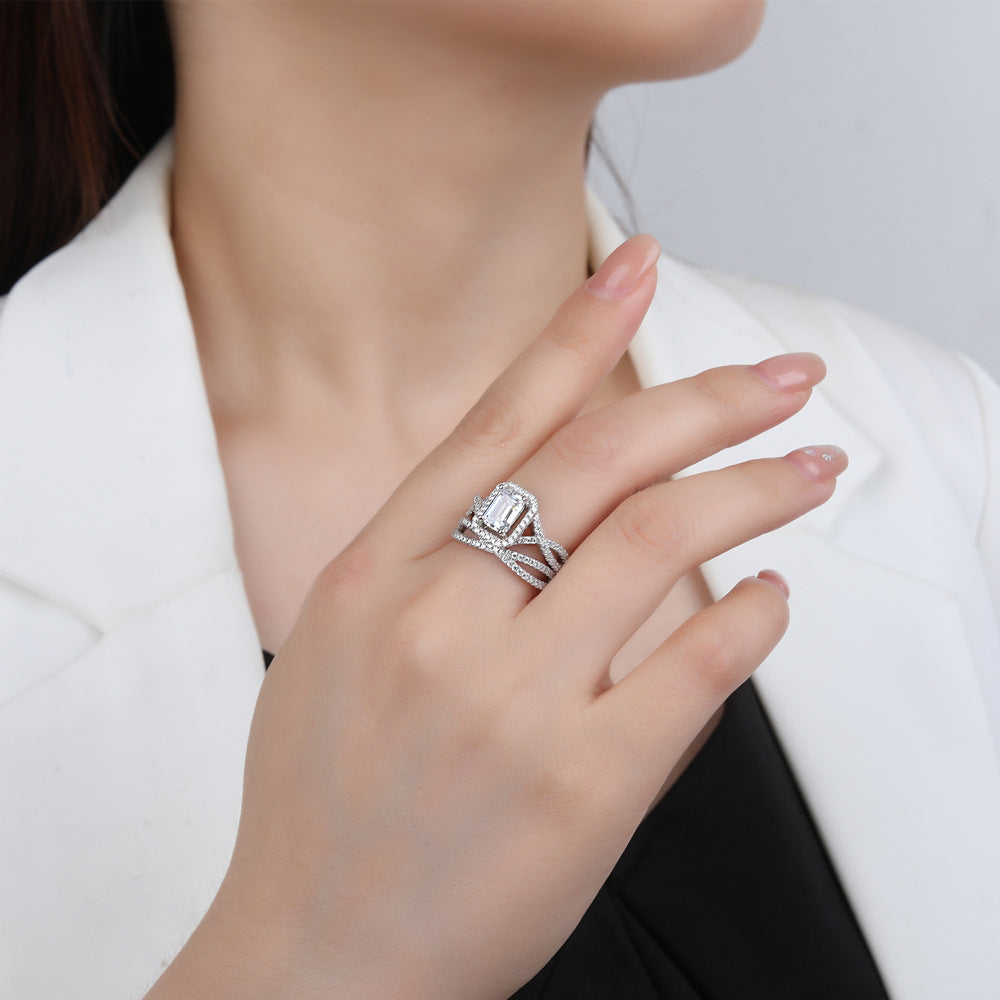 Fashion 2 Pieces Stacker Baguette Cross 925 Sterling Silver Ring