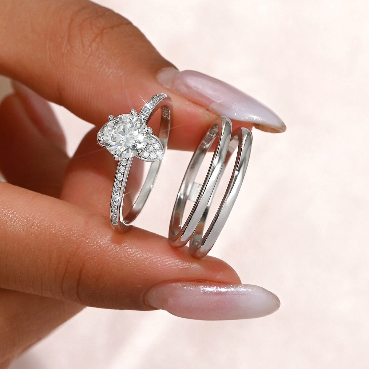 Moissanite 925 Sterling Silver Three Band Bridal  Set Round Six Prong Solitaire Pave Ring