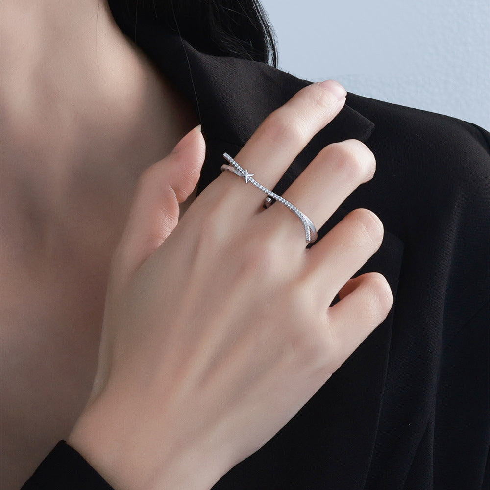 Geometric White Cubic Zirconia Irregular Wave Double Finger Ring In S925 Sterling Silver Open Adjustable Ring