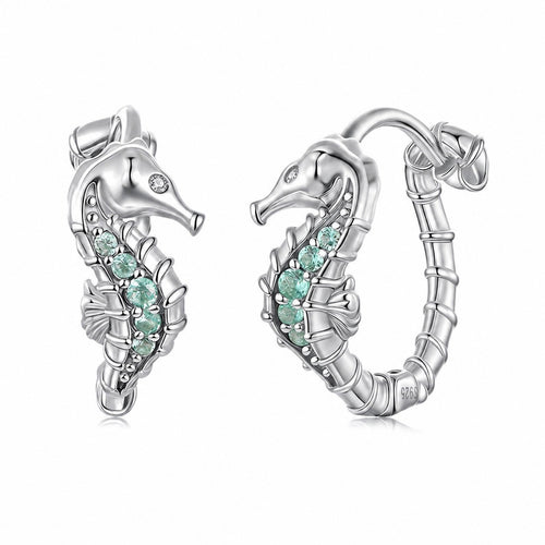 925 Sterling Silver with Cubic Zirconia and Blue-Green Glass Seahorse Hoop Earrings