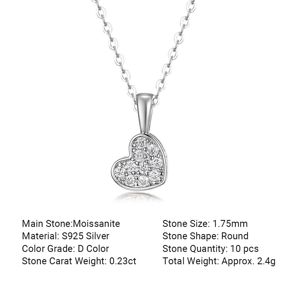 Heart Shape White Moissanite Pave Cluster 925 Sterling Silver Necklace