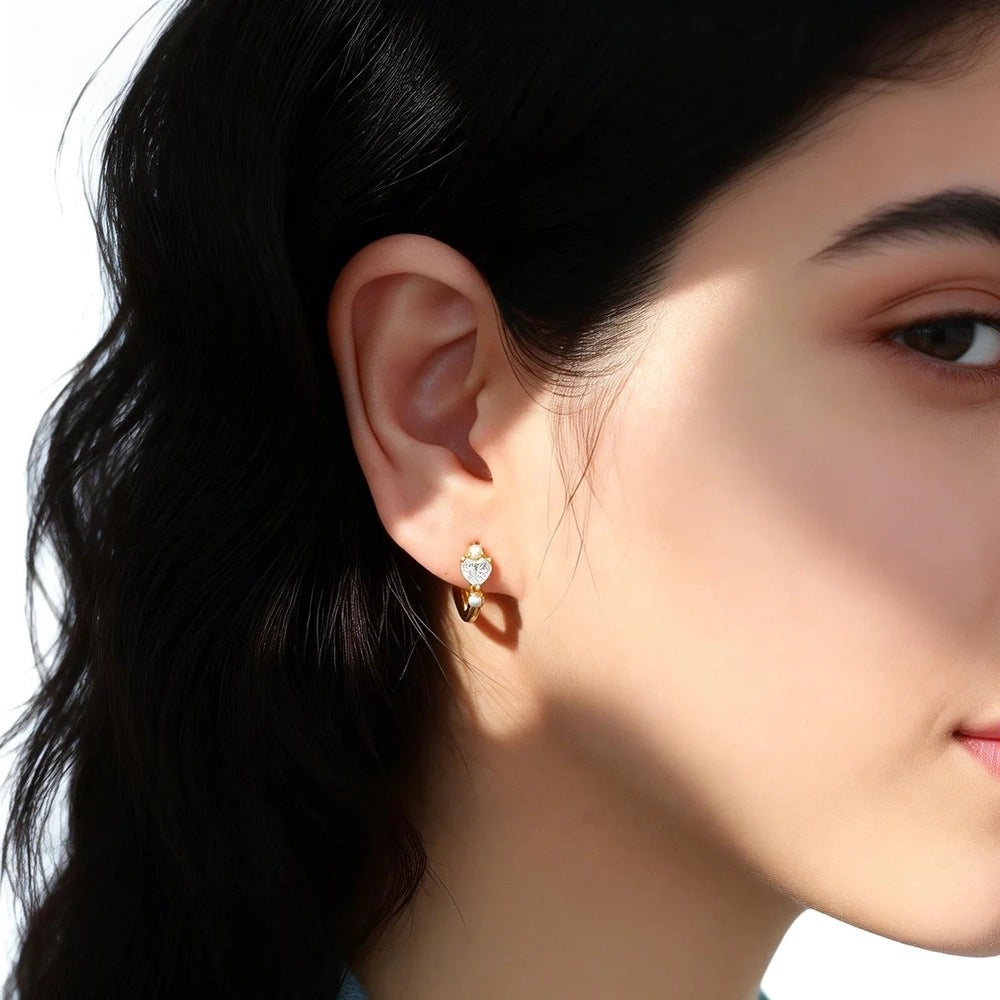 Heart Shaped Cubic Zirconia And Pearl 925 Sterling Silver Hoop Earrings