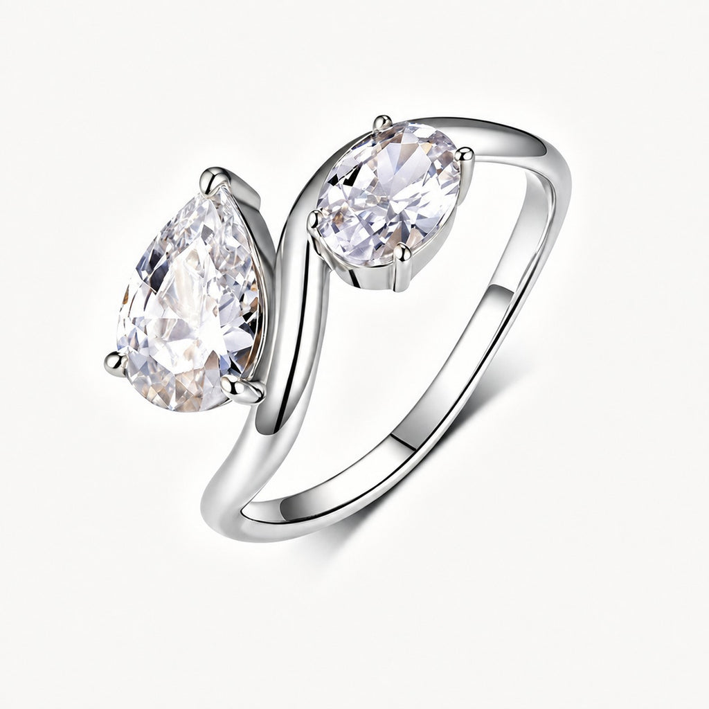 Two Stone Pear Cut And Oval Cut Moissanite Bypass Ring 925 Sterling Silver Fashion Geometric Water Drop Ring for Women White Gold Or Yellow Gold Office Elegant Gift Jewelry