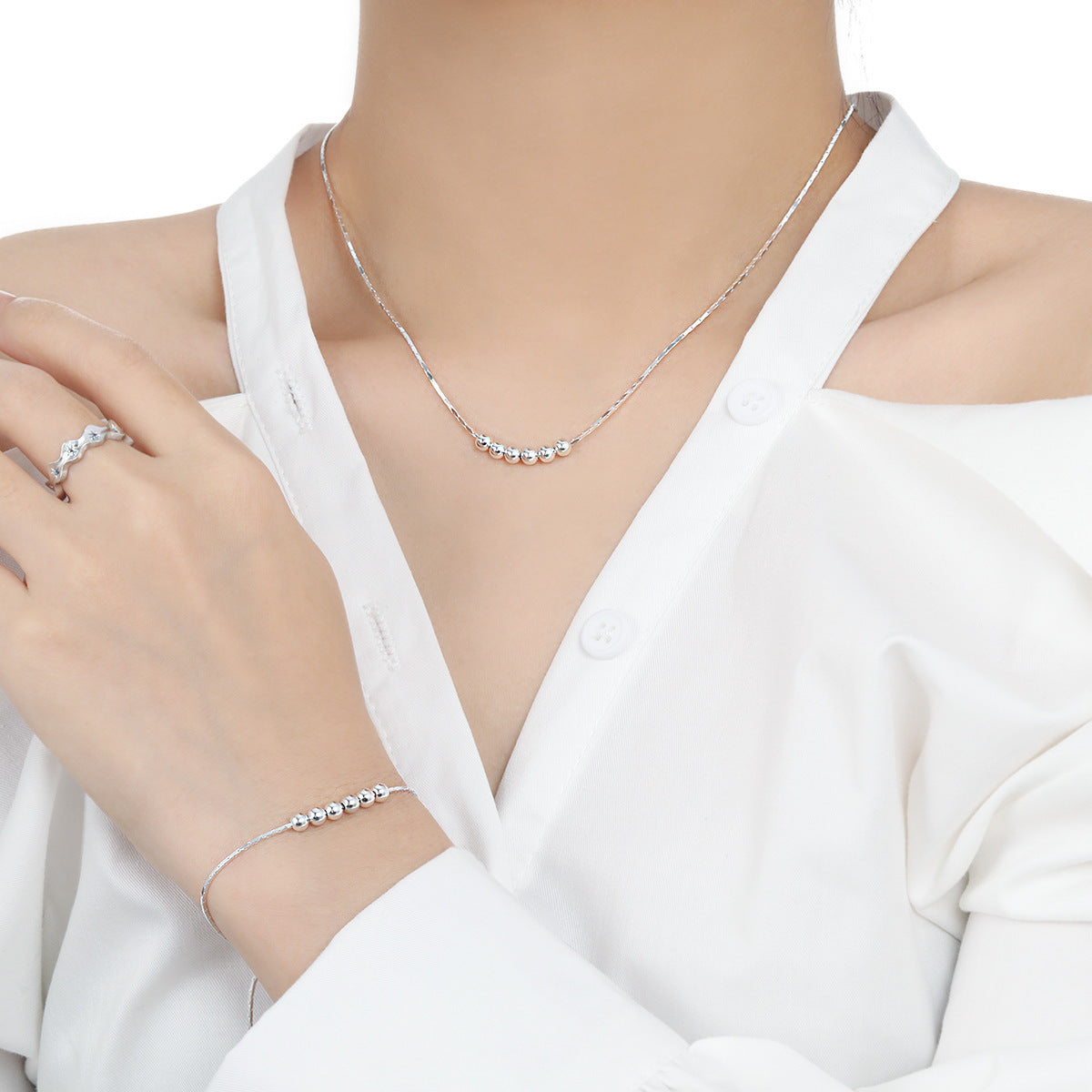 Minimalist Geometric 925 Sterling Silver Polished Round Bead Snake Chain Necklace
