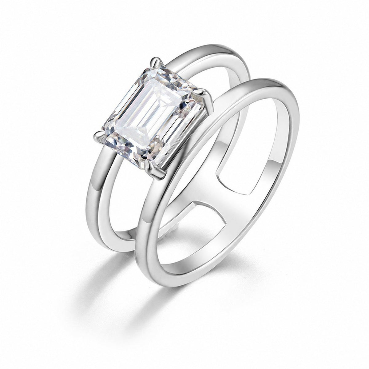 Rectangular Moissanite Centre Stone with Double Band  925 Sterling Silver Ring
