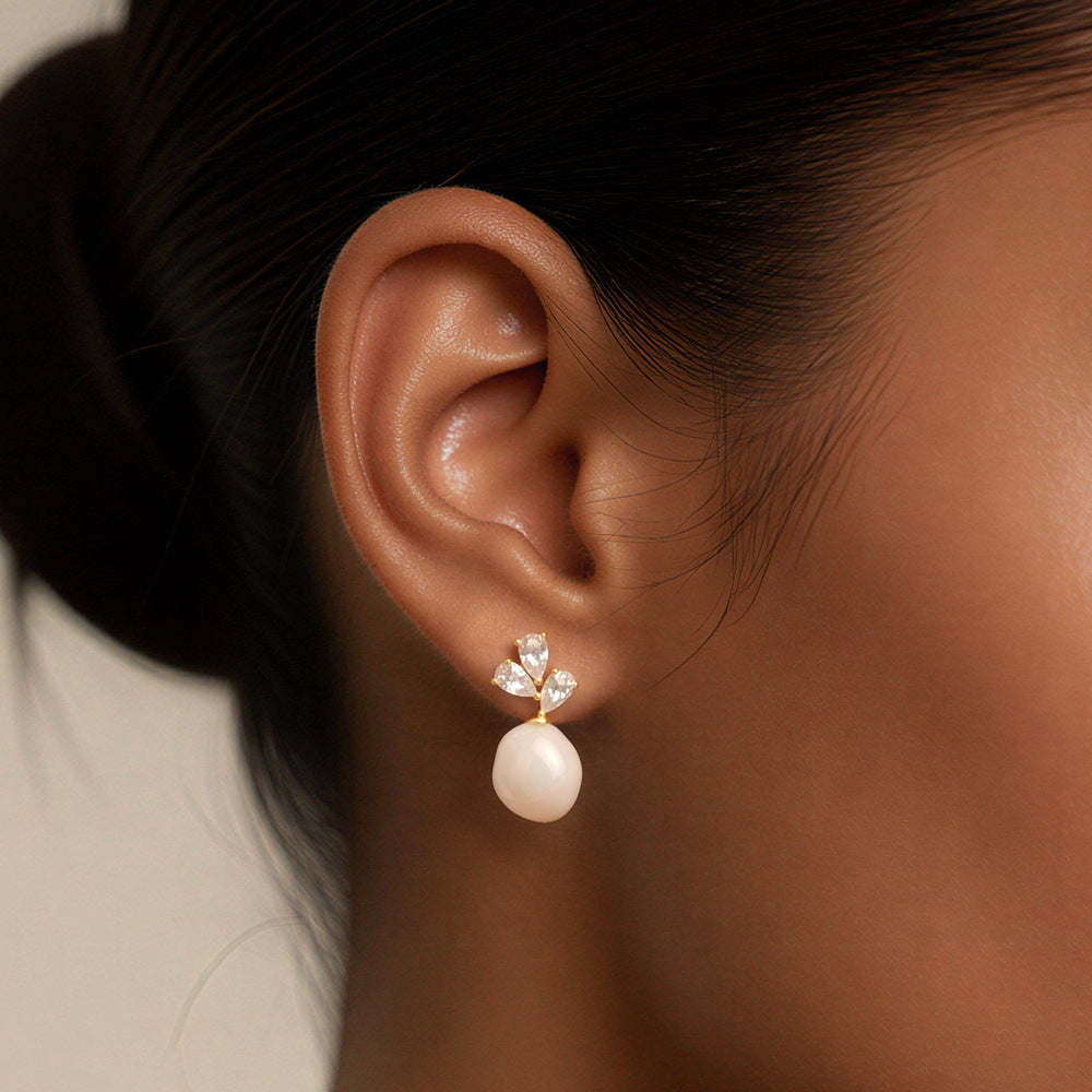 Natural Pearl And Clear Cubic Zirconia Three Petal Cluster  In 925 Sterling Silver  Drop Stud Earrings