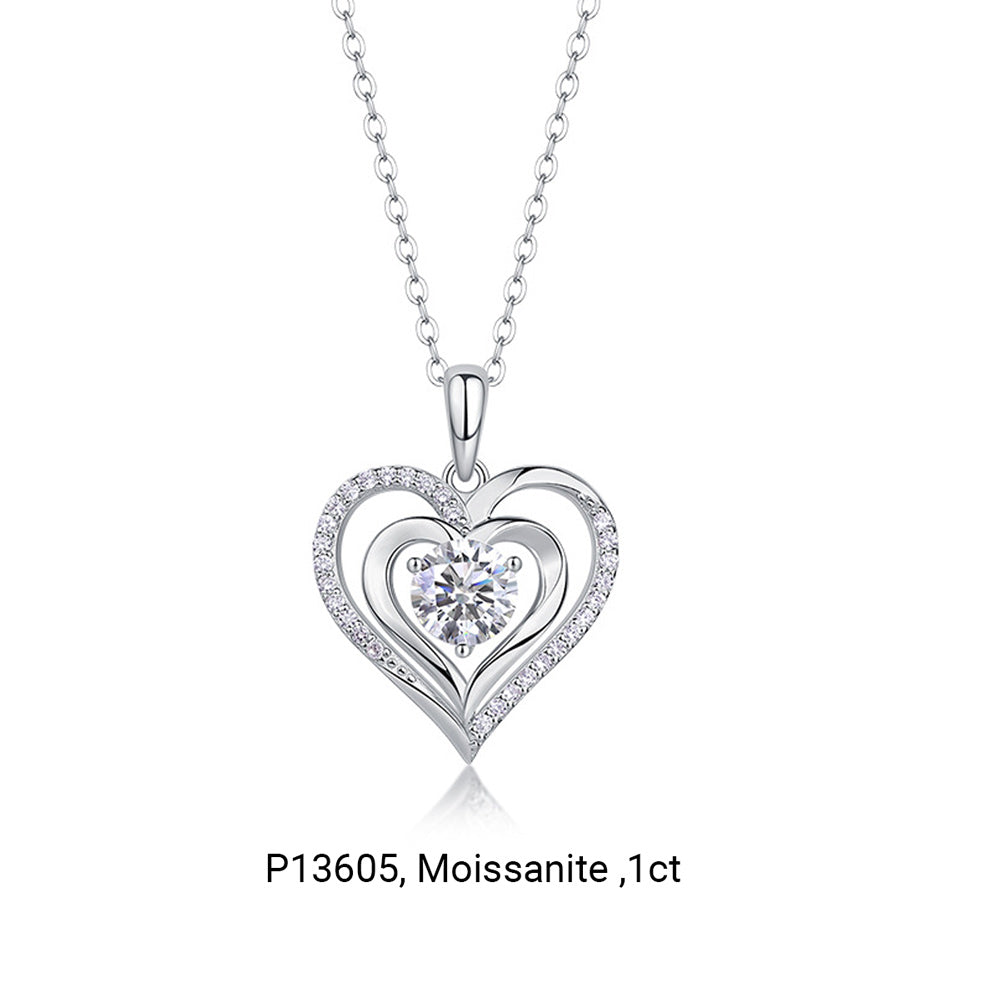 Moissanite Heart And Geometric Pendant  925 Sterling Silver Necklace