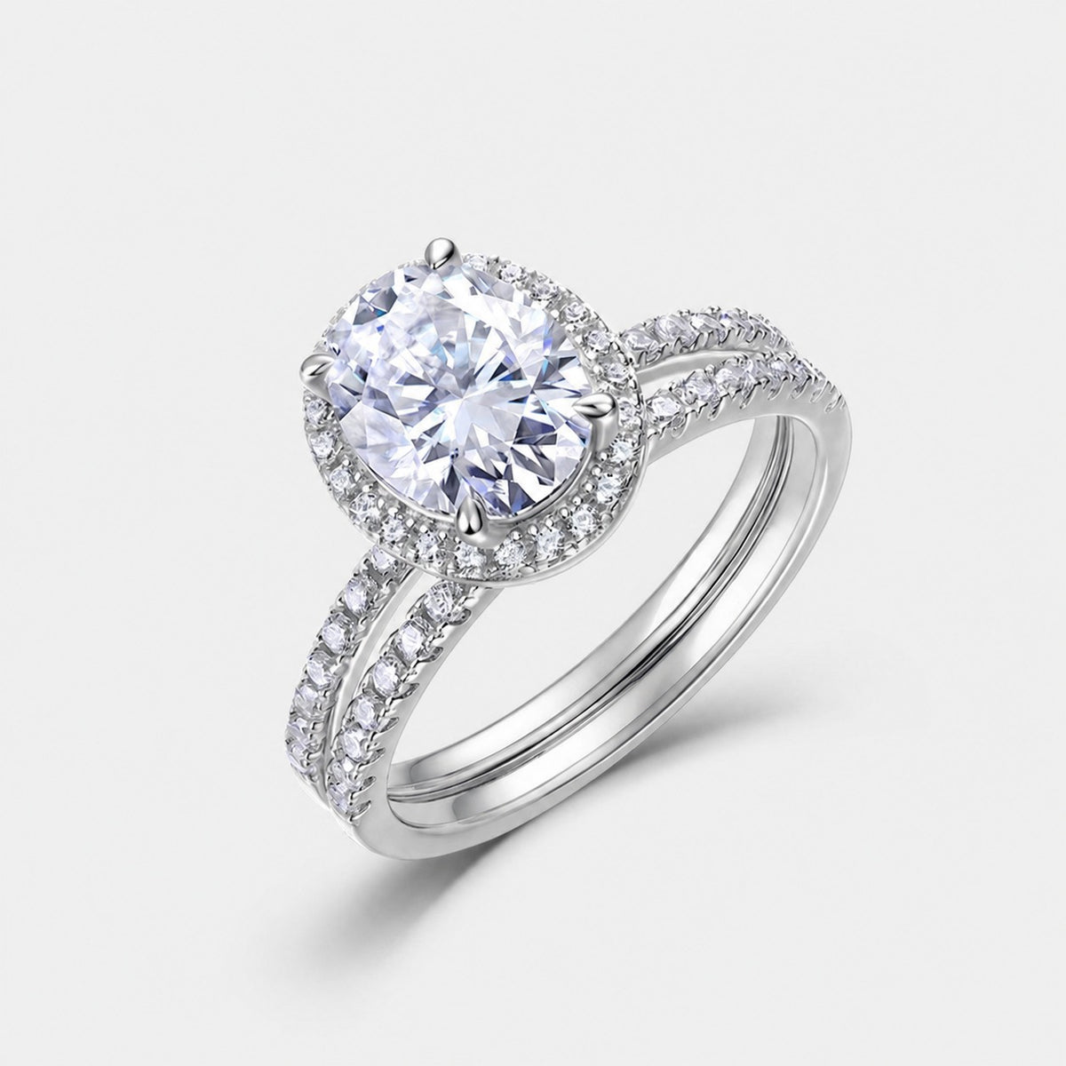 Oval Halo Moissanite  925 Sterling Silver Split Shank Band Ring