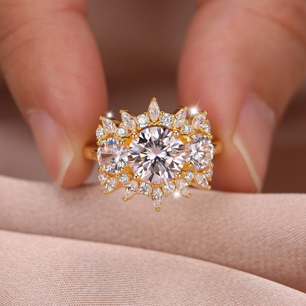 Floral Halo Round Cut D Color Moissanite S925 Sterling SilverThree Stone Cluster Wedding Ring
