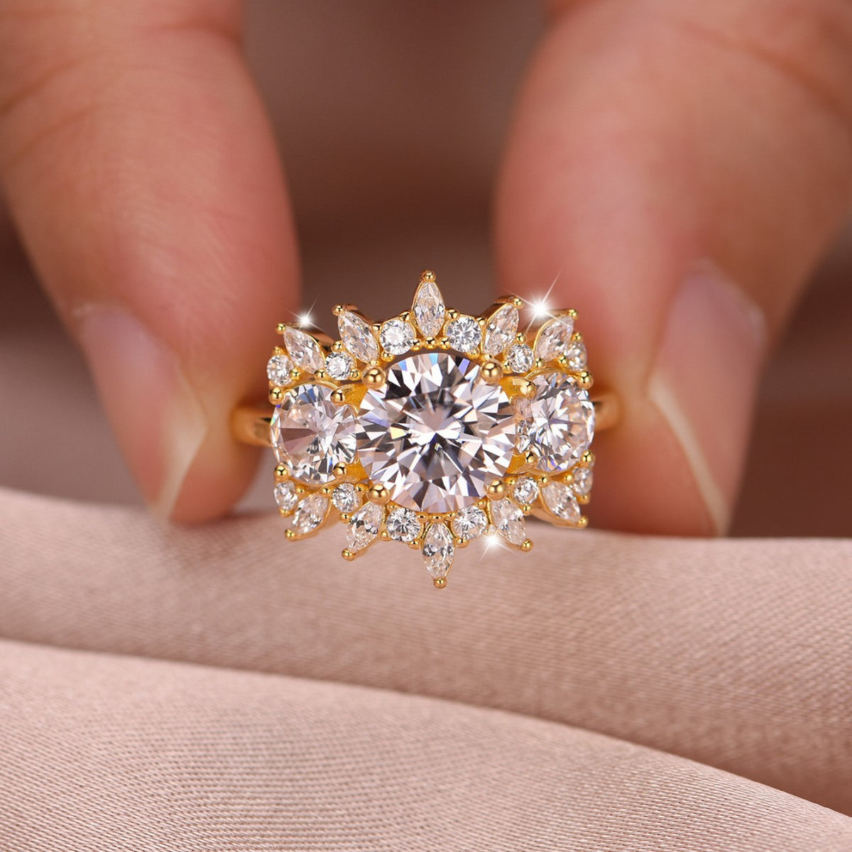 Floral Halo Round Cut D Color Moissanite S925 Sterling SilverThree Stone Cluster Wedding Ring
