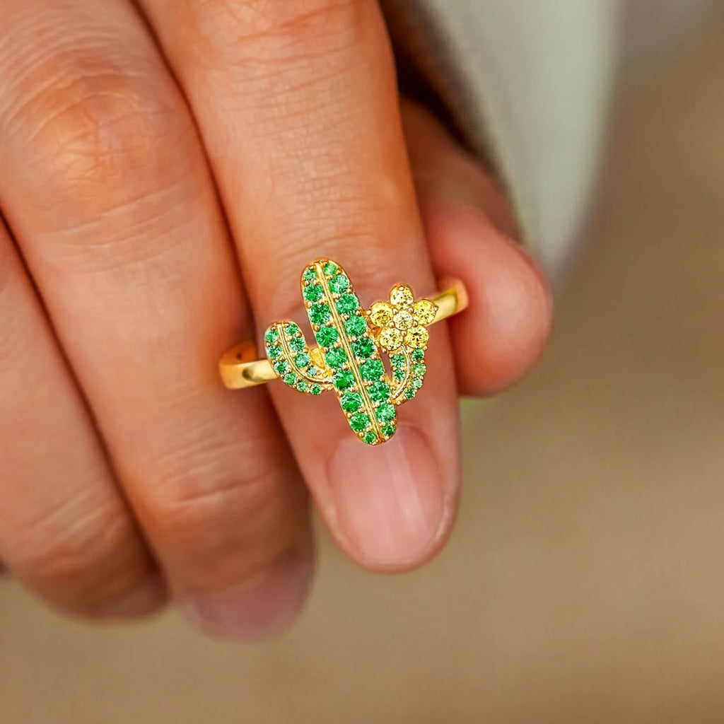 Green Cactus Flower Cubic Zirconia 925 Sterling Silver Ring
