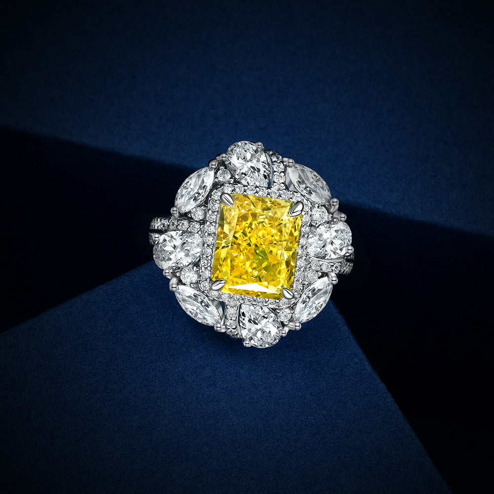 Stylish Yellow Rectangular Zirconia Halo 925 Sterling Silver Ring