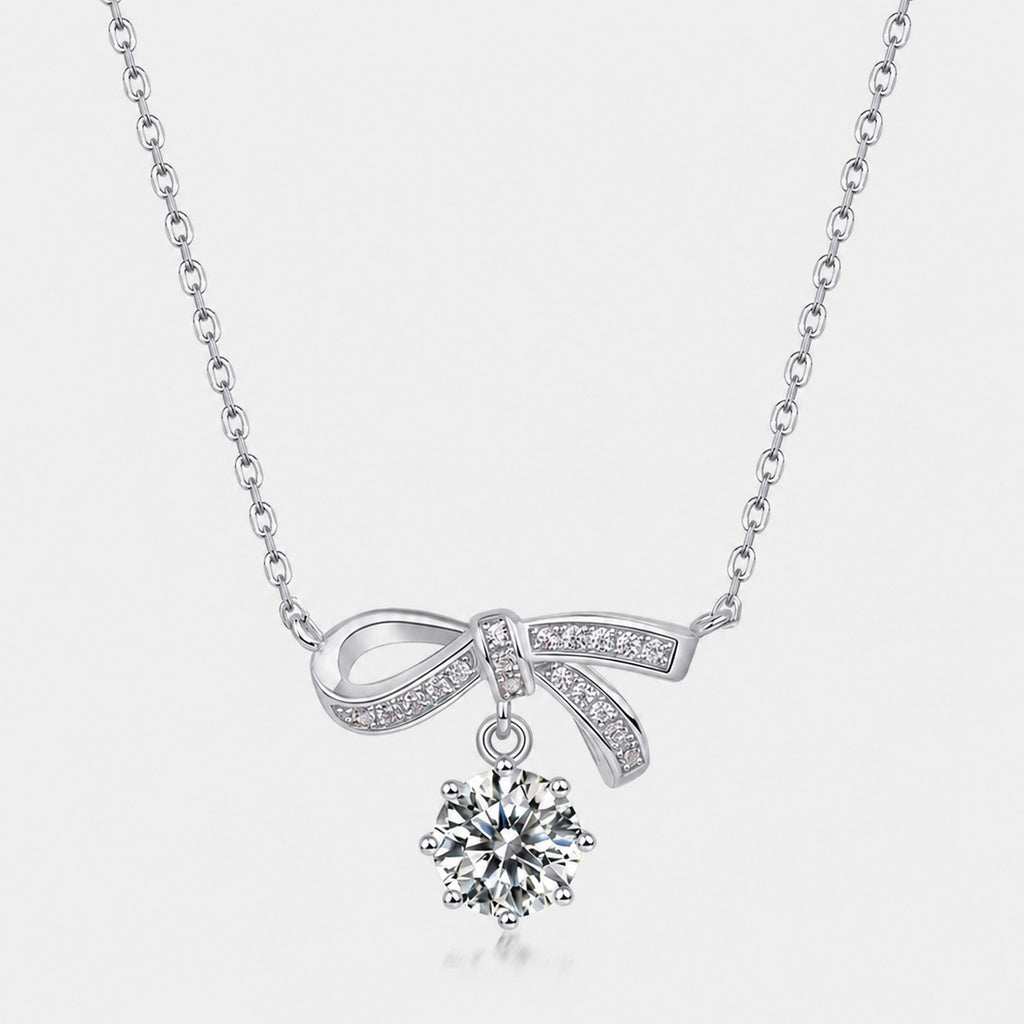 Bowknot Ribbon 925 Silver Moissanite Pendant With Round Dangle Center Stone Necklace