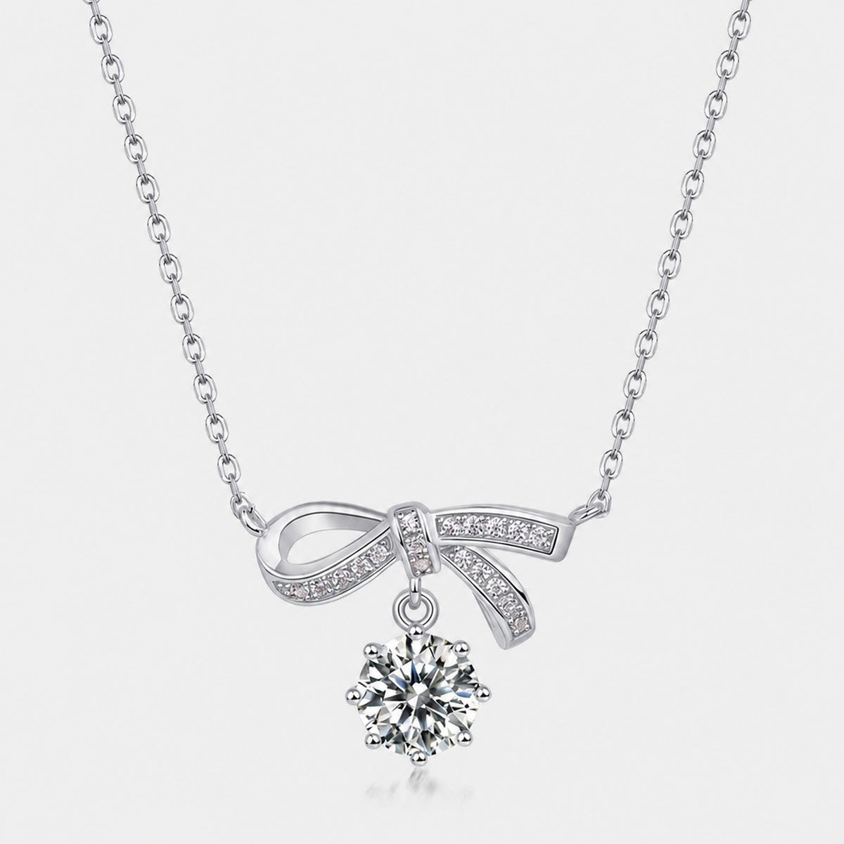 Bowknot Ribbon 925 Silver Moissanite Pendant With Round Dangle Center Stone Necklace