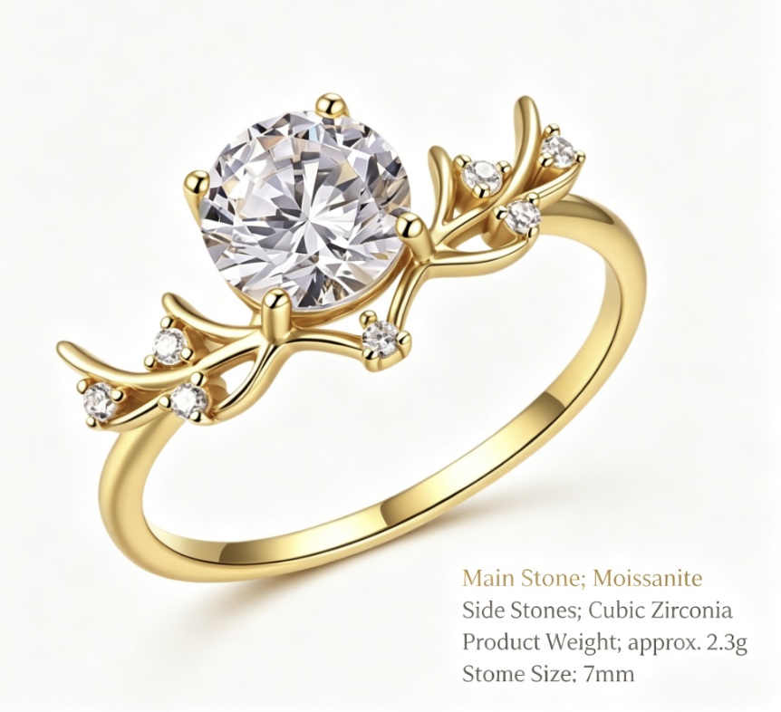 Moissanite Vine Branch Leaf Round Solitaire S925 Sterling Silver Ring