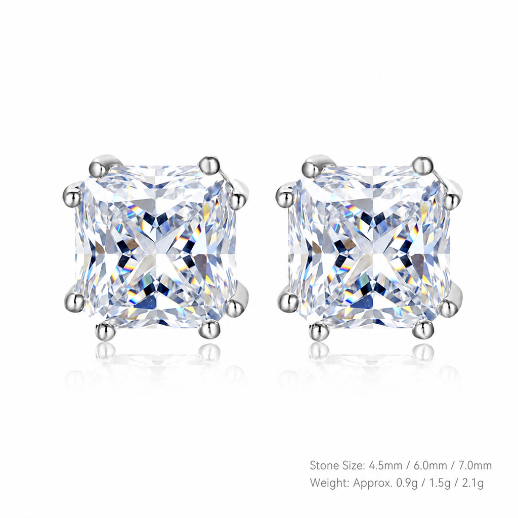 Square Princess Cut D Color Moissanite  In 925 Sterling Silver Stud Earrings