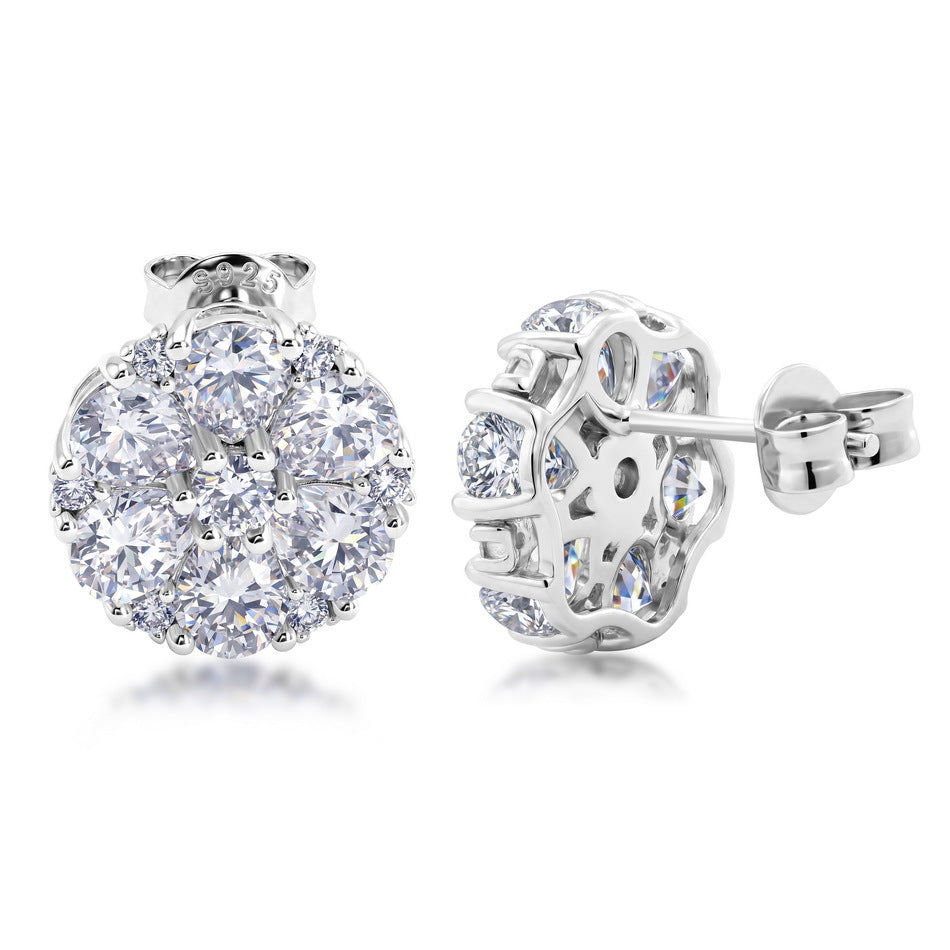 Daisy Flower Cluster Moissanite  White Tone 925 Sterling Silver Stud Earrings