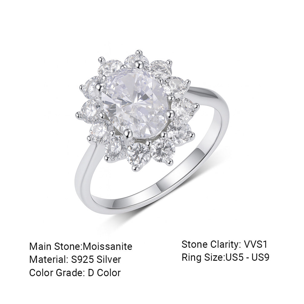 Oval Sunflower Halo Moissanite Ring 925 Sterling Silver Ring