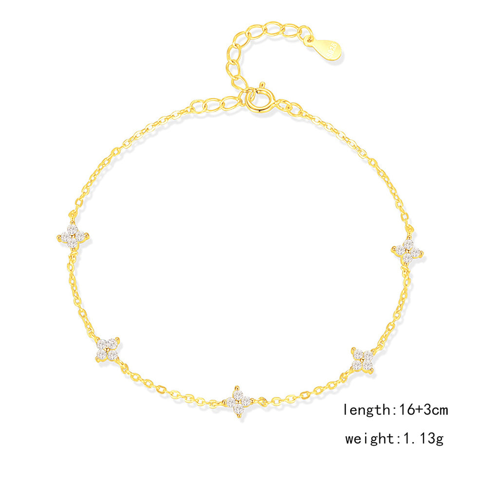Four Petal Flower Cubic Zirconia S925 Silver Delicate Sweet  Station Chain Bracelet