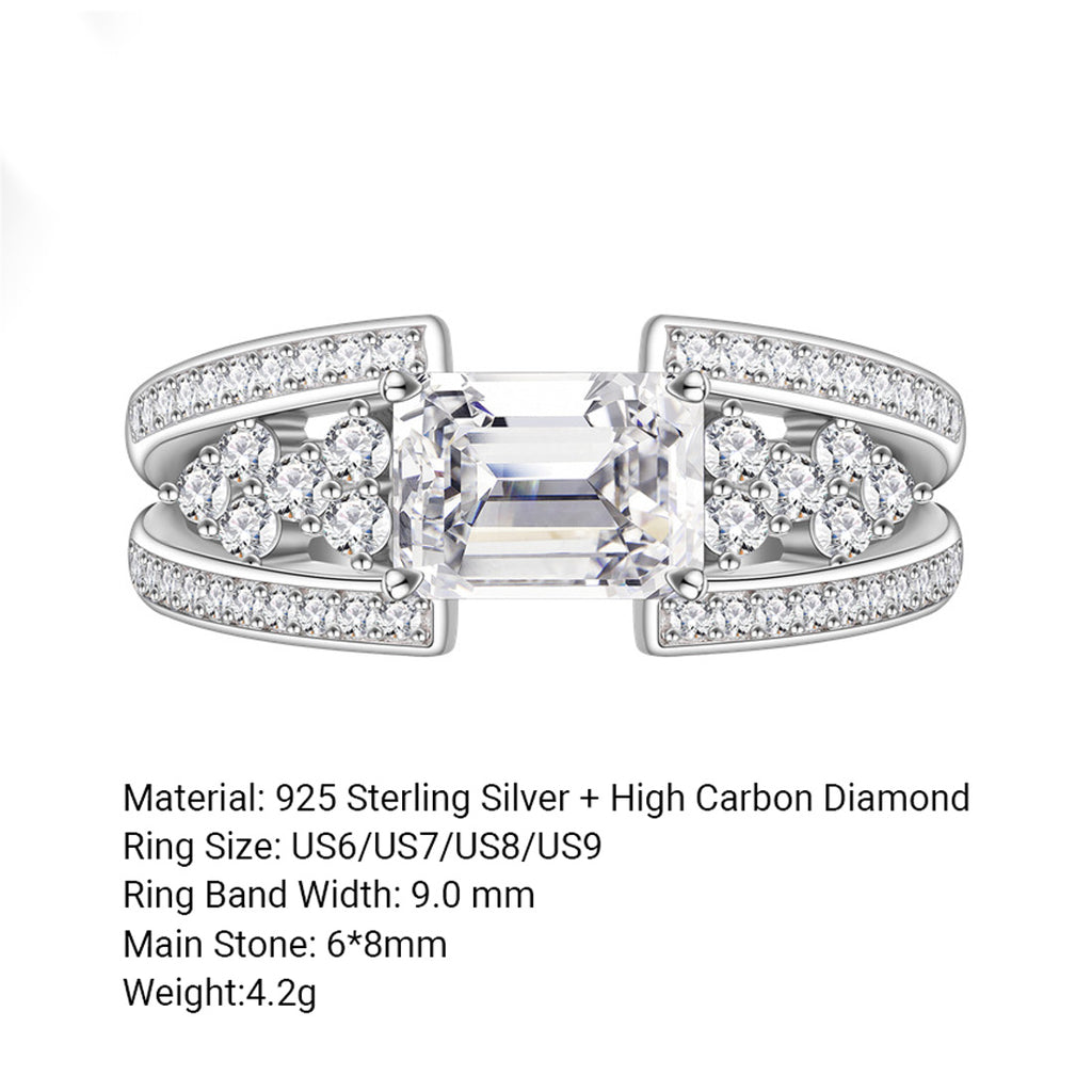 White Emerald Cut High Carbon Cubic Zirconia Geometric Double Band Side Cluster 925 Sterling Silver Ring