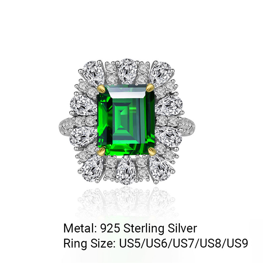 Green Emerald Cut Synthetic Emerald Zirconia Crown Halo S925 Silver Ring