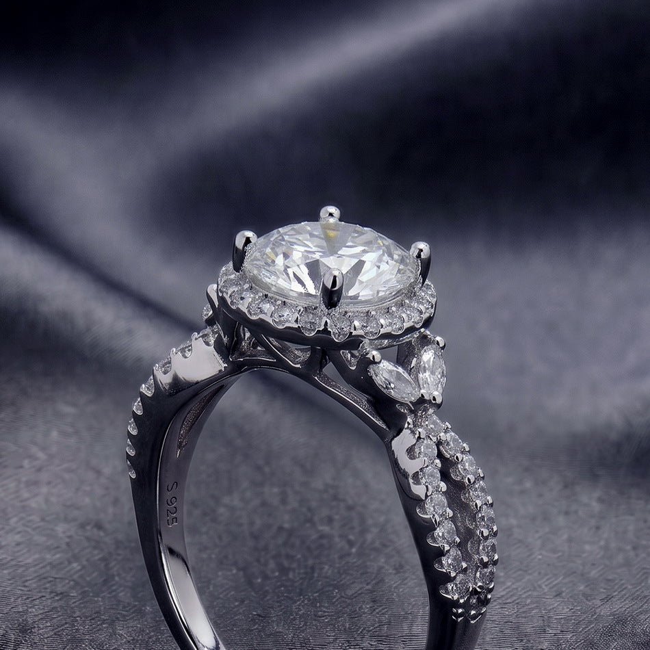 Round Halo Moissanite 925 Sterling Silver  With Marquise Ring