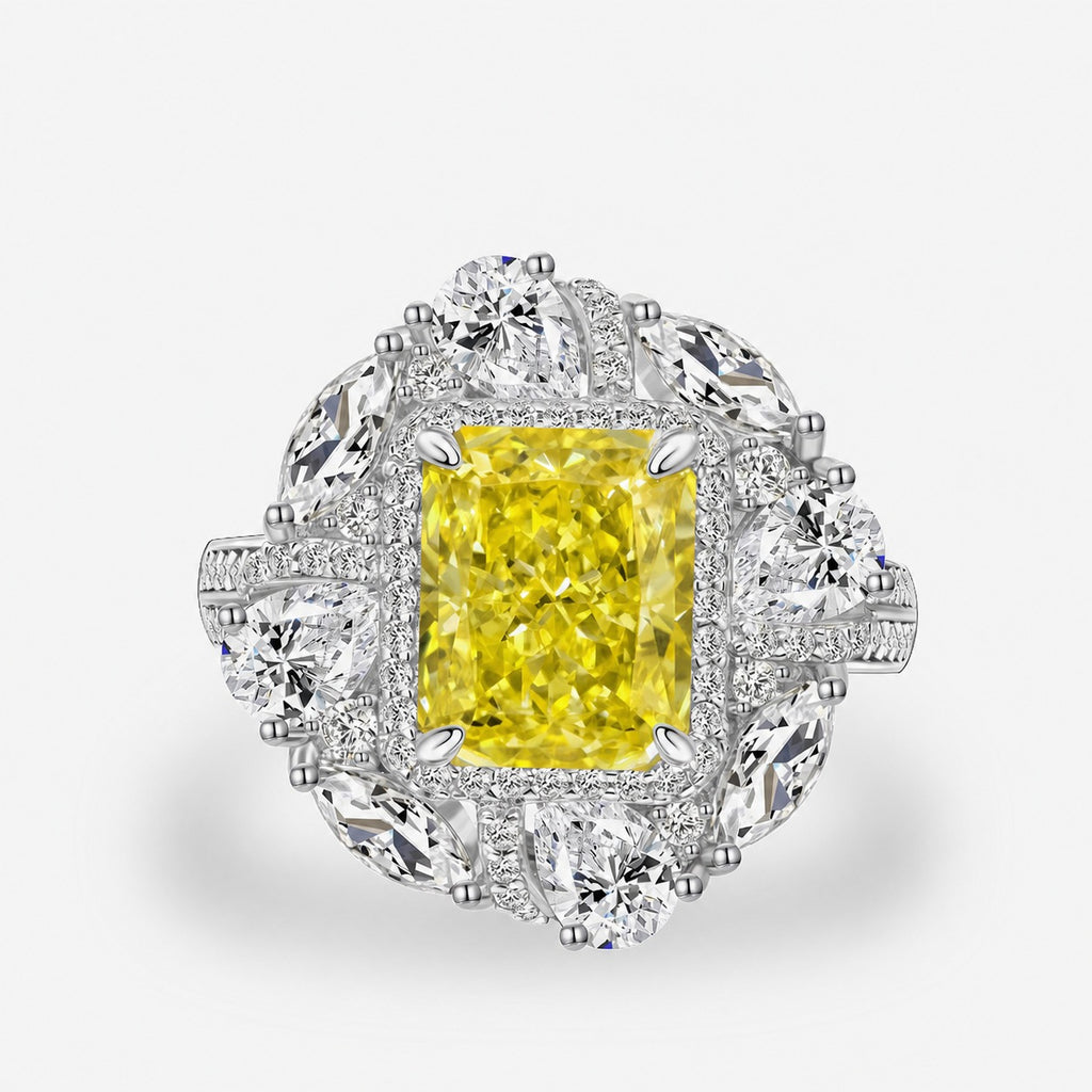 Stylish Yellow Rectangular Zirconia Halo 925 Sterling Silver Ring