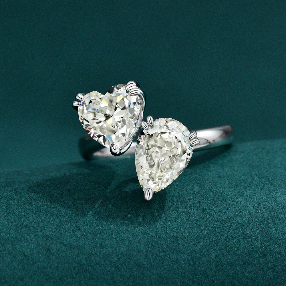 925 Sterling Silver Cubic Zirconia Heart-shaped Pear-shaped cut Gemstones Ring