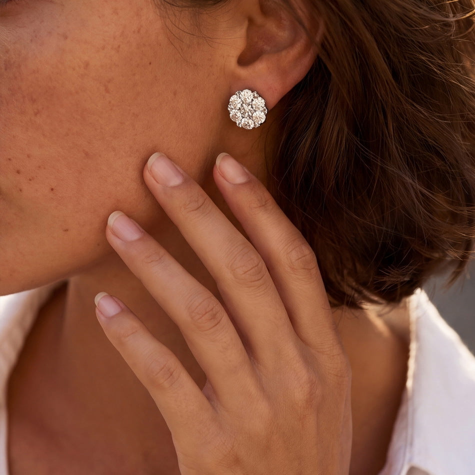 Daisy Flower Cluster Moissanite  White Tone 925 Sterling Silver Stud Earrings