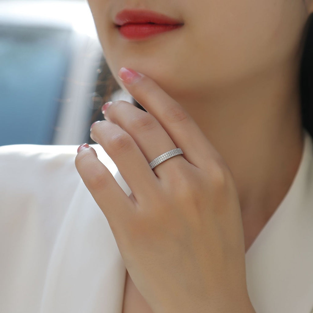 Silver Tone Moissanite Multi Row Pave Band Ring Geometric Elegant Fashion 925 Sterling Silver Ring