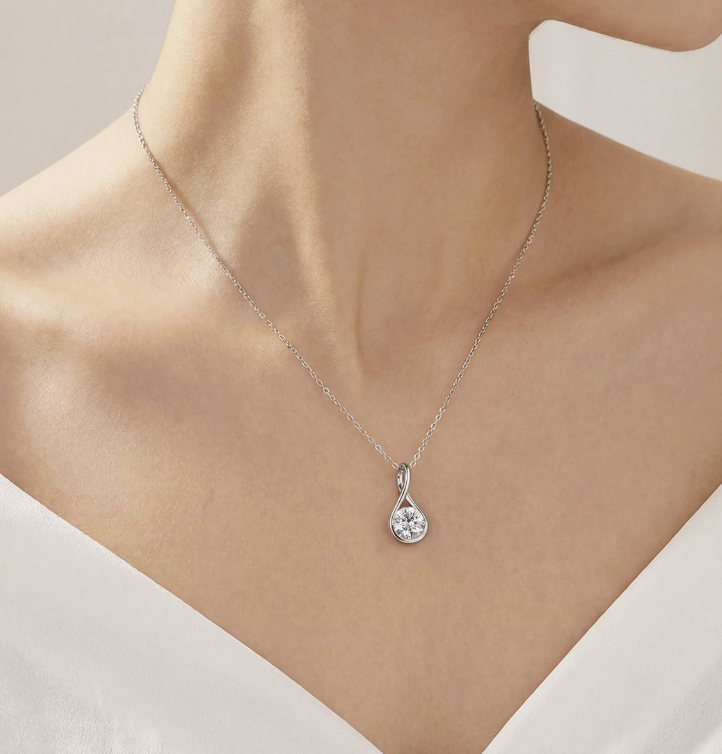 Modern Water Drop Twist Moissanite 925 Sterling Silver Necklace