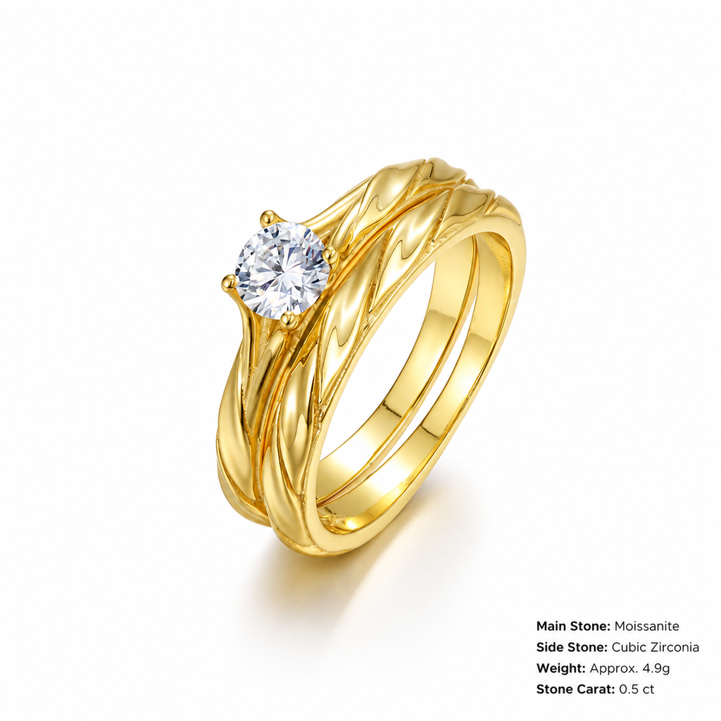 Round Brilliant Moissanite Couple  Set Twisted Carved Band 925 Sterling Silver Ring