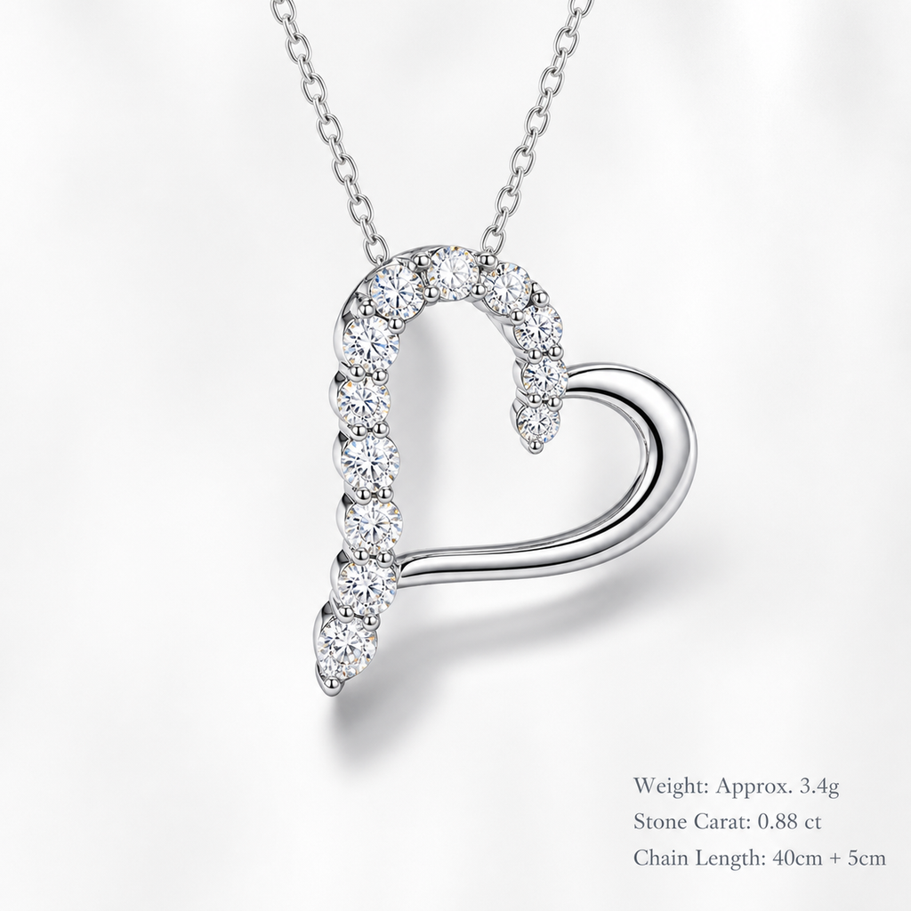 Asymmetrical Hollow Heart Moissanite  925 Sterling Silver  Necklace