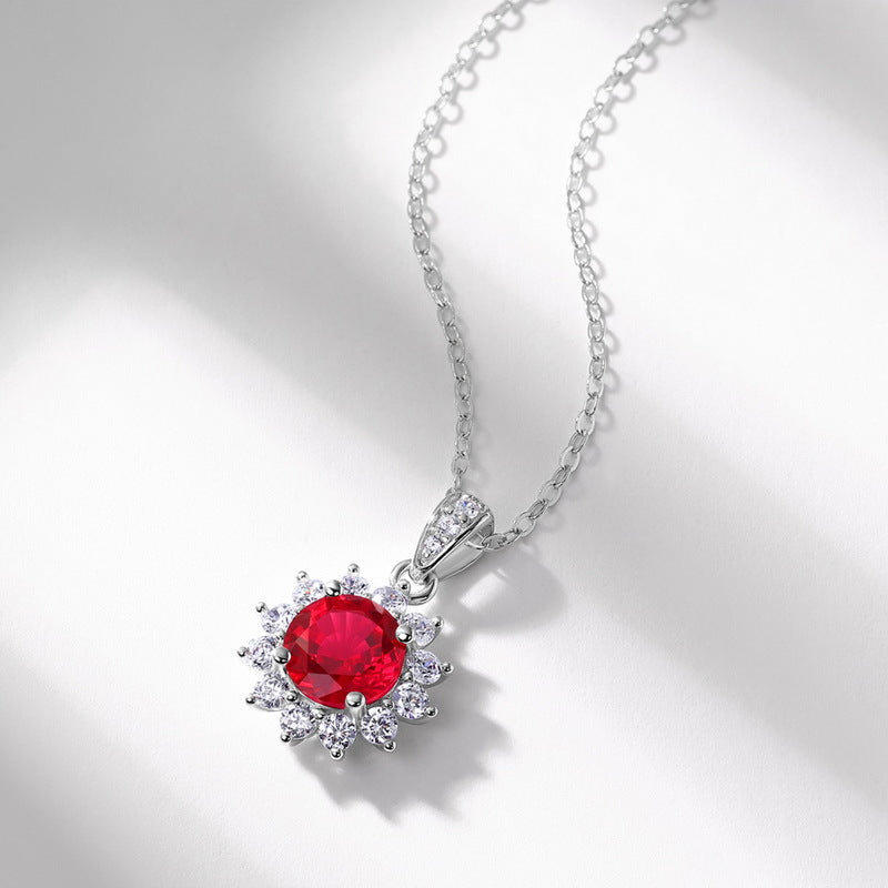 Sunflower Halo Red Lab Ruby Cubic Zirconia Pendant 925 Sterling Silver Flower Chain Necklace