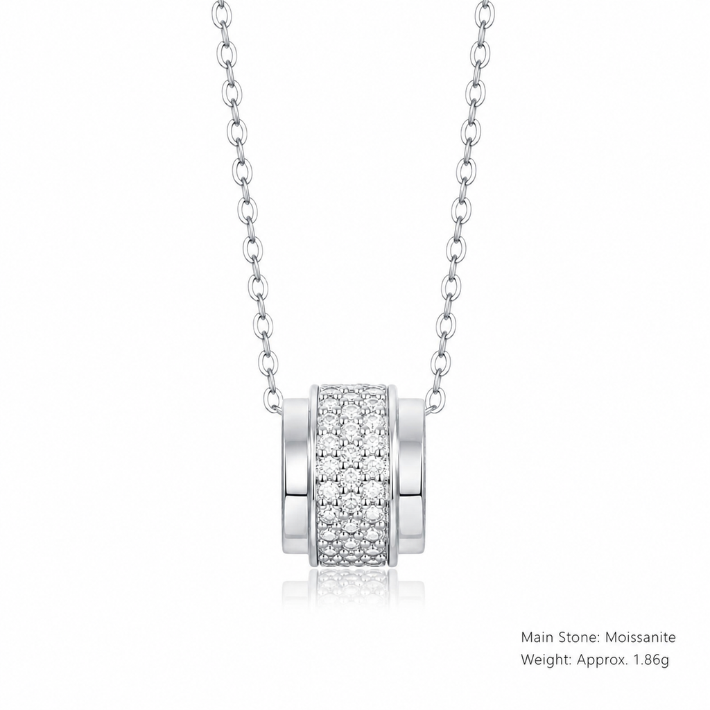 Silver Tone Geometric Rotating Barrel Moissanite 925 Sterling Silver Necklace