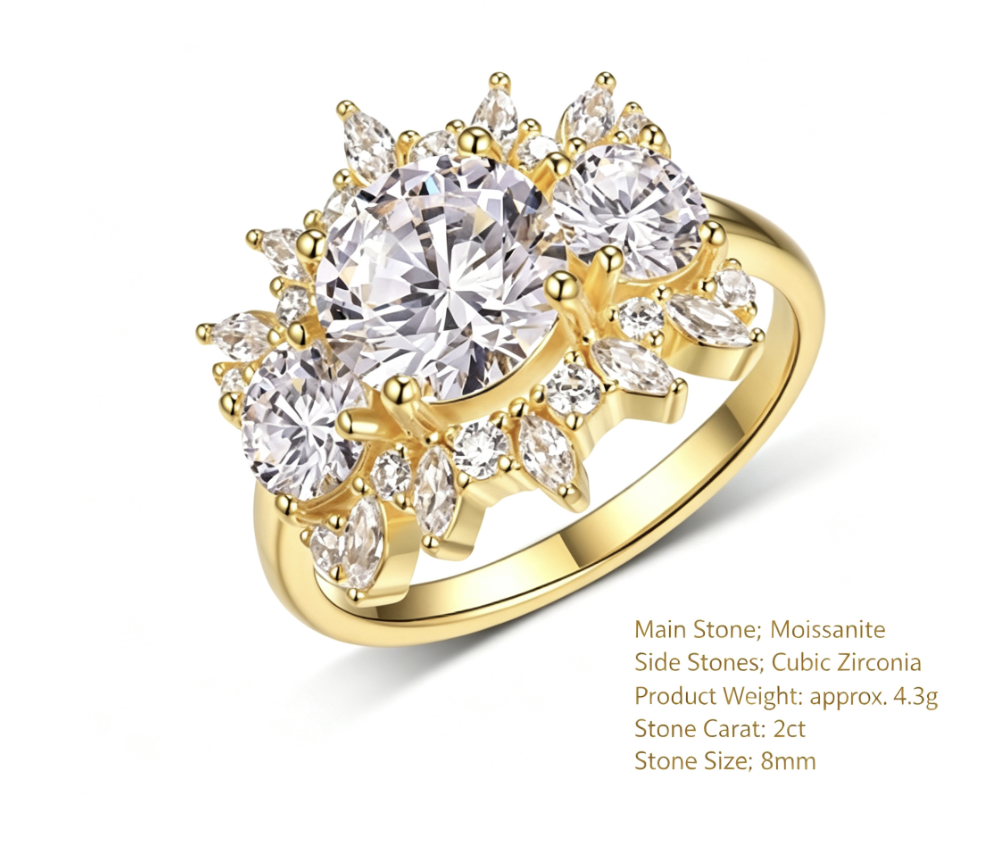 Floral Halo Round Cut D Color Moissanite S925 Sterling SilverThree Stone Cluster Wedding Ring