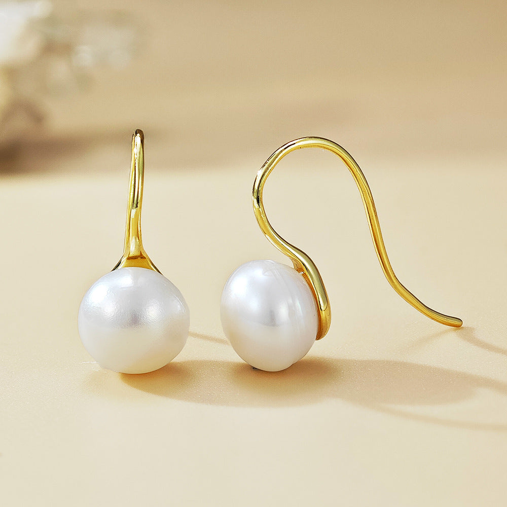 Natural Freshwater Pearl 925 Sterling Silver With Oval White Pearl  Hook Drop Earrings