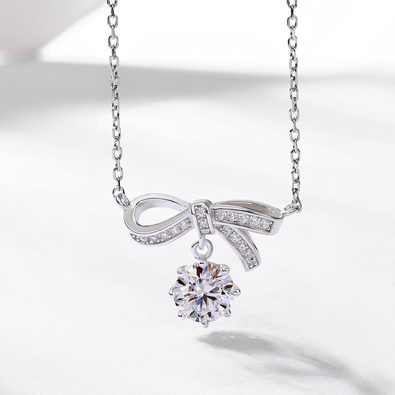 Bowknot Ribbon 925 Silver Moissanite Pendant With Round Dangle Center Stone Necklace